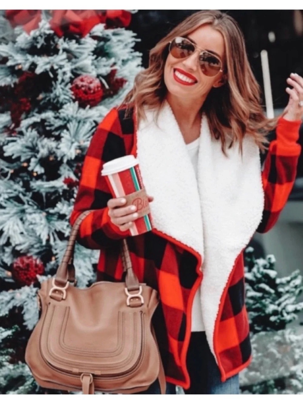 Abercrombie & Fitch Red and Black Buffalo Plaid Sherpa Cardigan